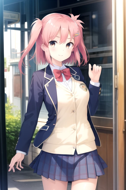 ((masterpiece)),(best quality),official art,extremely detailed CG,unity 8k wallpaper,ultra detailed,beautiful detailed eyes,extremely detailed face,1girl,solo,cowboy shot,looking at viewer,facing viewer,Shindou Ayane,smile,short hair,pink hair,one side up,hair ornament,hairclip,sidelocks,bangs,brown eyes,school uniform,blazer,blue jacket,wing collar,open jacket,long sleeves,bowtie,red bow,cardigan,collared shirt,white shirt,blue skirt,plaid skirt,pleated skirt,socks,loafers,<lora:Shindou Ayane(ksak)-remake>,