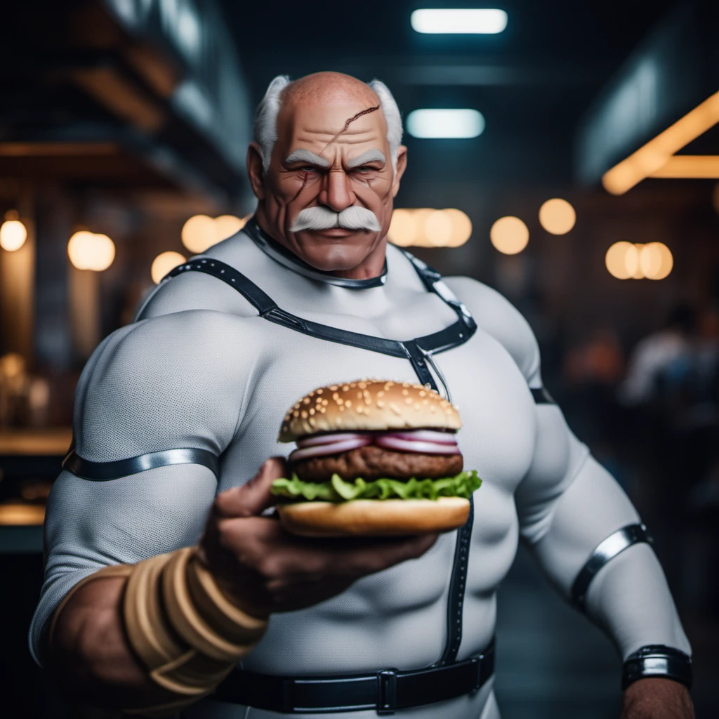 cinematic photo cinematic photo a very muscular old man in a white bodysuit, moustache, smile, big scar on the head, detailed skin, eat an hamburger in fastfood <lora:Conquest1024-000180:0.8> . 35mm photograph, film, bokeh, professional, 4k, highly detailed . 35mm photograph, film, bokeh, professional, 4k, highly detailed