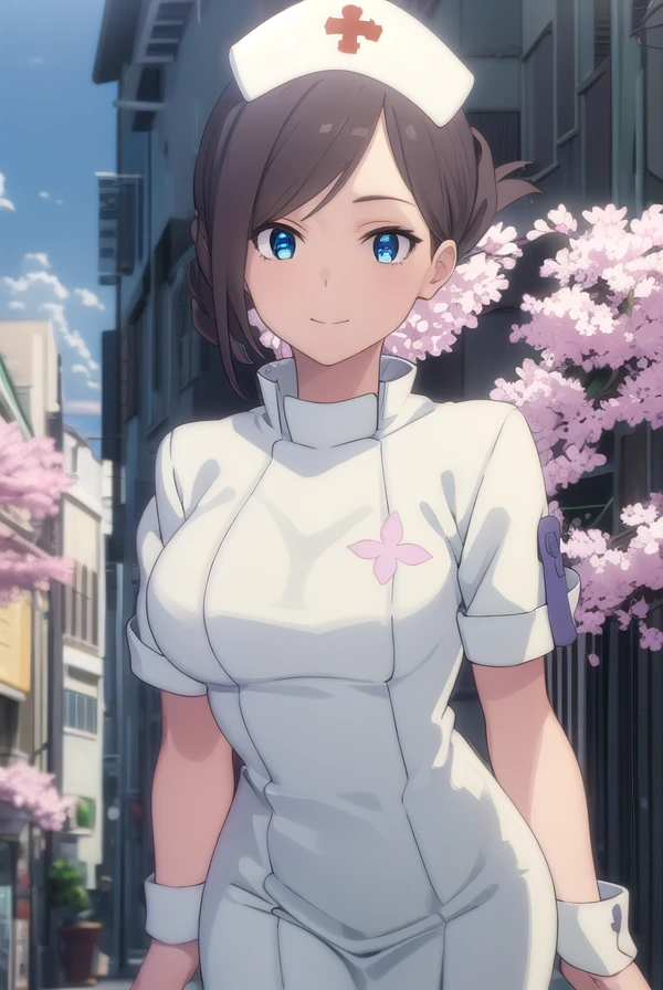 vjulif, <lora:v juli f hnu-lora-nochekaiser:1>,
v juli f, short hair, blue eyes, brown hair, flower, hair flower, smile,
BREAK hat, nurse cap, nurse, short sleeves,
BREAK outdoors, city, sun, clouds,
BREAK looking at viewer, (cowboy shot:1.5),
BREAK <lyco:GoodHands-beta2:1>, (masterpiece:1.2), best quality, high resolution, unity 8k wallpaper, (illustration:0.8), (beautiful detailed eyes:1.6), extremely detailed face, perfect lighting, extremely detailed CG, (perfect hands, perfect anatomy),