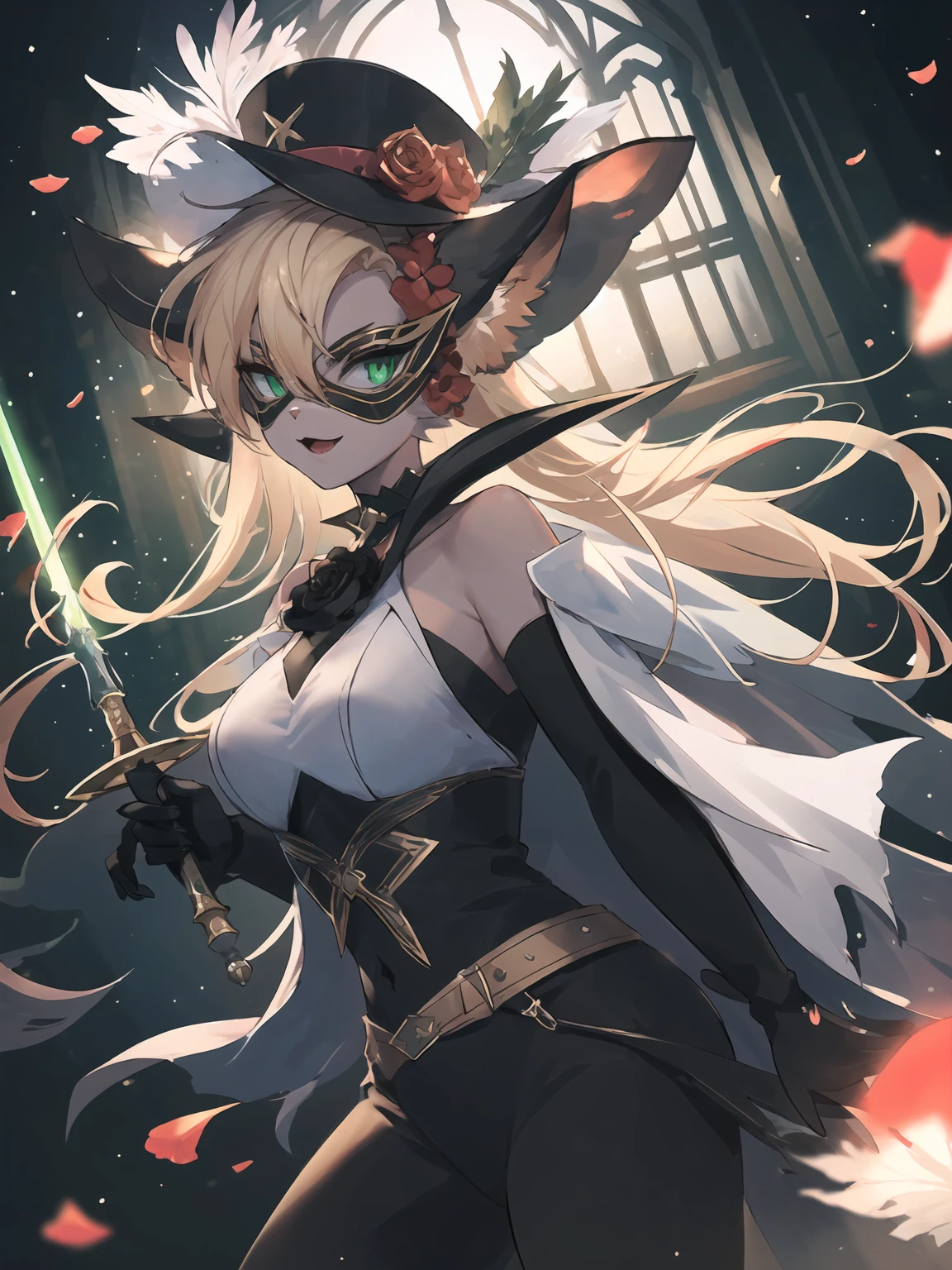 masterpiece,best quality,highres,cinematic lighting,dramatic angle,1girl,<lora:ShadowverseCosmosFangV2:0.8:lbw=jiangshi3>,furry,white vest,wide collar,black bodysuit,cape,blonde hair,looking at viewer,hat,feathers,mask,frills,hair flower,green eyes,:3,bare shoulders,elbow gloves,clothing cutout,juliet gloves,rose,gloves,highlight,jewelry,petals,night,dark sky,moonlight,depth of field,alternative2,animal ears,portrait,close-up,bowtie,holding weapon,sword,lightsaber,glowing,dynamic angle,:d,indoors,high heels