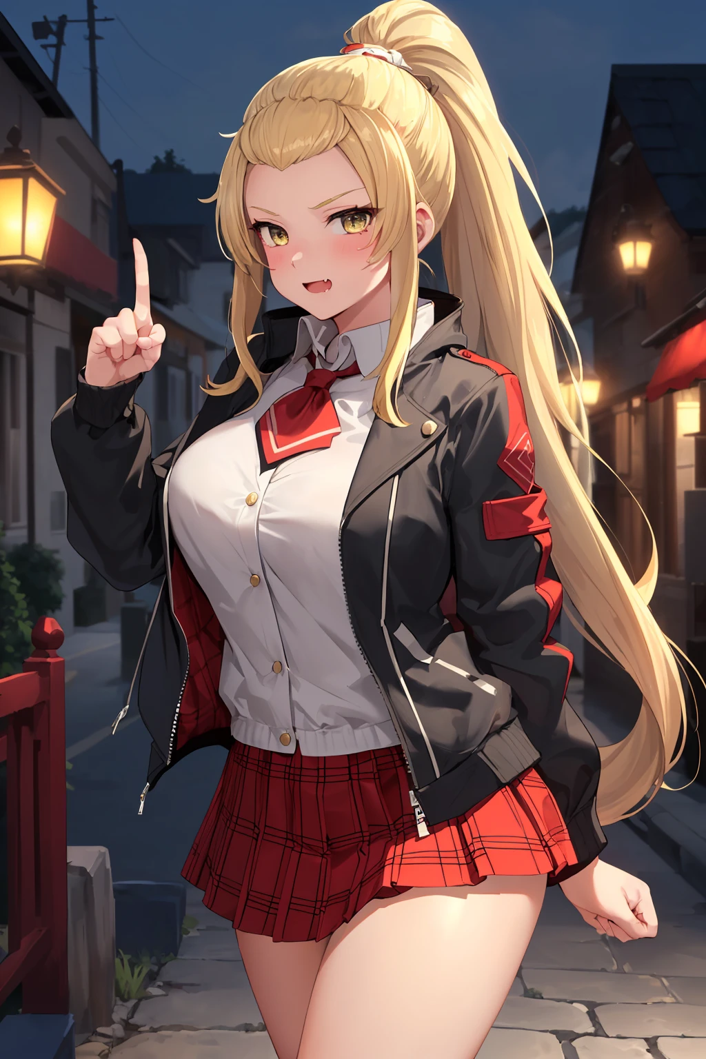 masterpiece, best quality, <lora:EPfeJade-06:0.7>, EPfeJade, blonde hair, very long hair, large breasts, ponytail, projected inset, stone road, evening, index finger raised, jacket, pleated plaid_skirt, skin fang