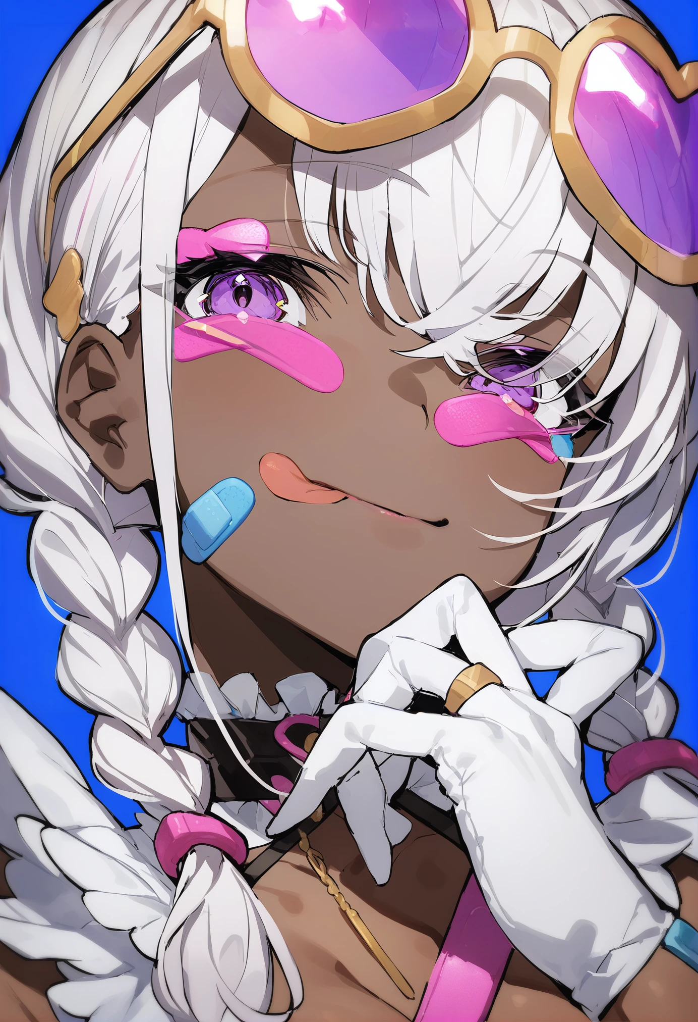 masterpiece, best quality, <lora:MikaPikazoXL_V1:1> 1girl, dark skin, solo, dark-skinned female, tongue out, white hair, eyewear on head, tongue, bandaid, looking at viewer, gloves, bangs, white gloves, purple eyes, sunglasses, long hair, :p, ring, braid, blue background, heart, bandaid on face, smile, hair ornament, tinted eyewear, jewelry, frills, twin braids, upper body, closed mouth