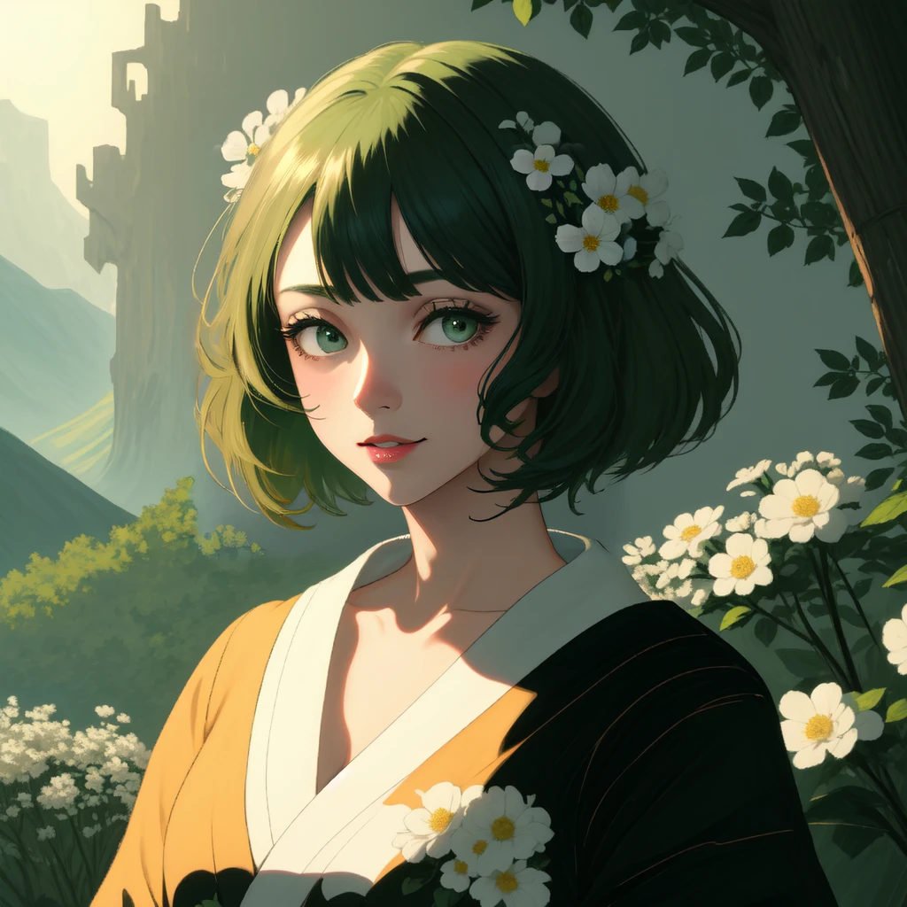 Mona Lisa but with short (light green hair and eyes, bobcut:1.4) with blunt bangs, medium breasts
BREAK wearing a silk white kimono with floral patterns, a single white flower in her hair
BREAK Renaissance oil painting style, highly detailed scenery, mountains in the distance
BREAK art by Monet