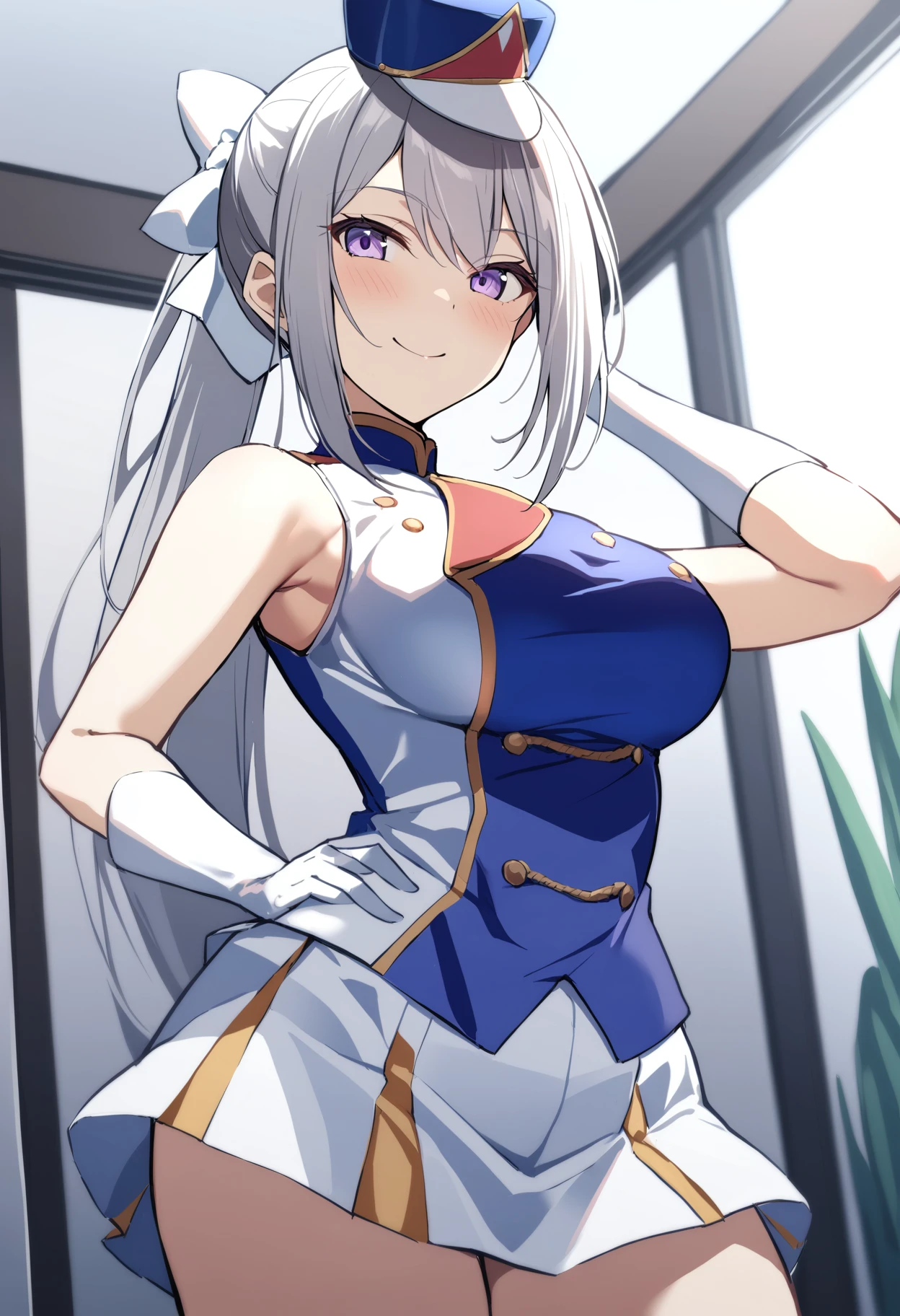 1girl,higuchi kaede,nijisanji,smile,<lora:sunfes_xl_bw:1.2>,sunfes,band uniform,mini shako cap,sleeveless,blue vest,cowboy shot,
rating: general,
masterpiece,best quality,