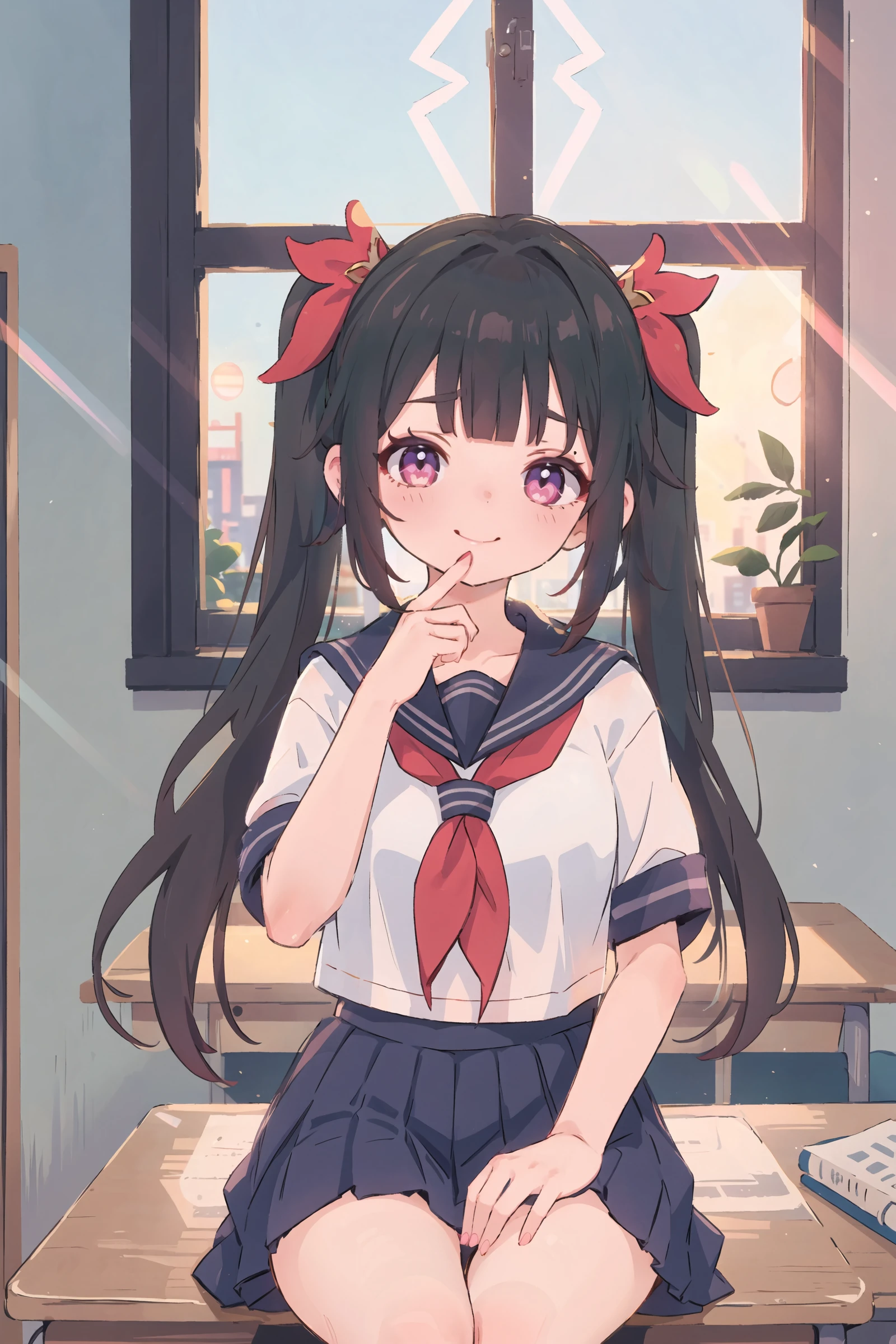 1girl, sparkle \(honkai: star rail\), twintails, school uniform, serafuku, cowboy shot, sitting on desk, hand to own mouth, backlighting, sunbeam, sunset, classroom, indoors, window, facing viewer, looking at viewer, depth of field, gasping, ecstasy, seductive smile, <lora:face-smirkingeye:0.8>, masterpiece