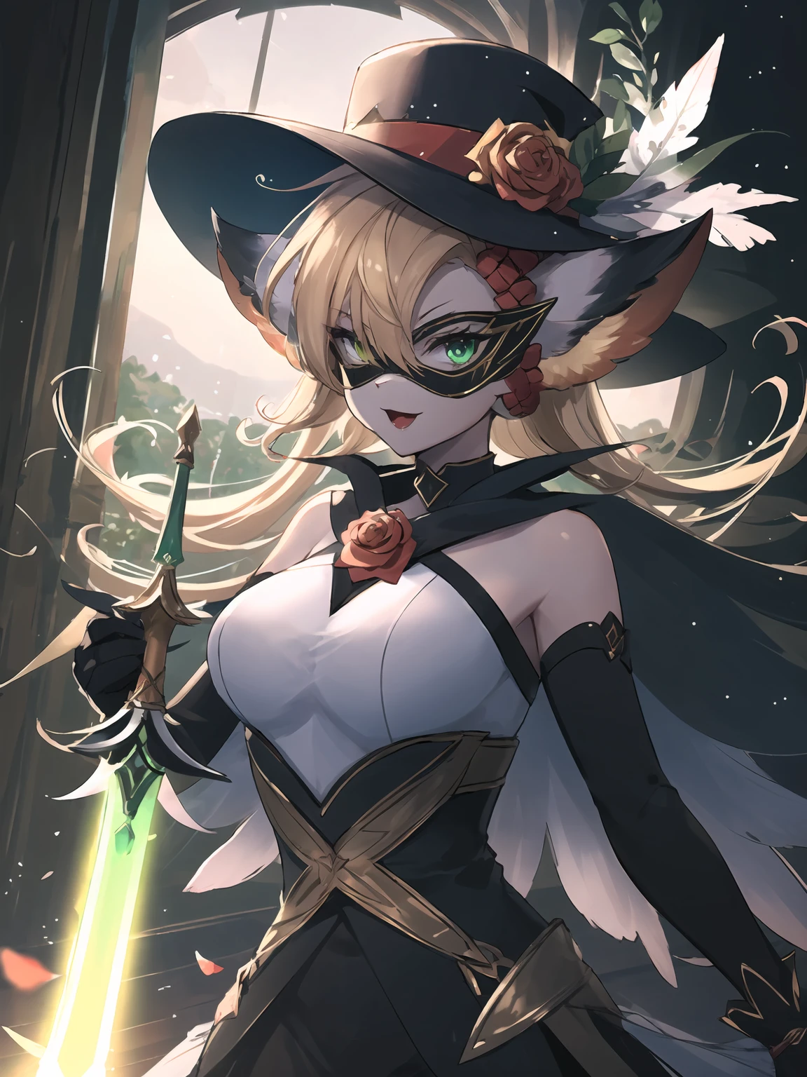 masterpiece,best quality,highres,cinematic lighting,dramatic angle,1girl,<lora:ShadowverseCosmosFangV2:0.8:lbw=jiangshi3>,furry,white vest,wide collar,black bodysuit,cape,blonde hair,looking at viewer,hat,feathers,mask,frills,hair flower,green eyes,:3,bare shoulders,elbow gloves,clothing cutout,juliet gloves,rose,gloves,highlight,jewelry,petals,night,dark sky,moonlight,depth of field,alternative2,animal ears,portrait,close-up,bowtie,holding weapon,sword,lightsaber,glowing,dynamic angle,dynamic pose,:d,indoors,high heels