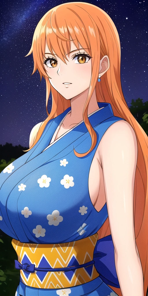 <lora:NamiV2:0.7> n4mi, huge_breasts, standing, solo, TSN4mi_long_hair, Blue_sleeveless_short_kimono_Floral_print_Orange_back_bow, starry_sky,, masterpiece, best quality, detailed face, detailed eyes, highres,