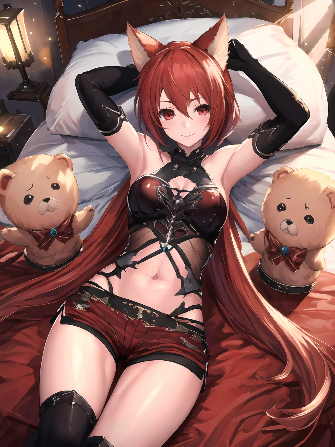 masterpiece,best quality,highres,cinematic lighting,dramatic angle,1girl,<lora:ShadowverseCerberusV9-000020:0.8>,red hair,red eyes,twintails,looking at viewer,animal ears,red skirt,tank top,shorts,hugging stuffed toy,smile,clothing cutout,lying,arms up,on back,gloves,indoors,bed