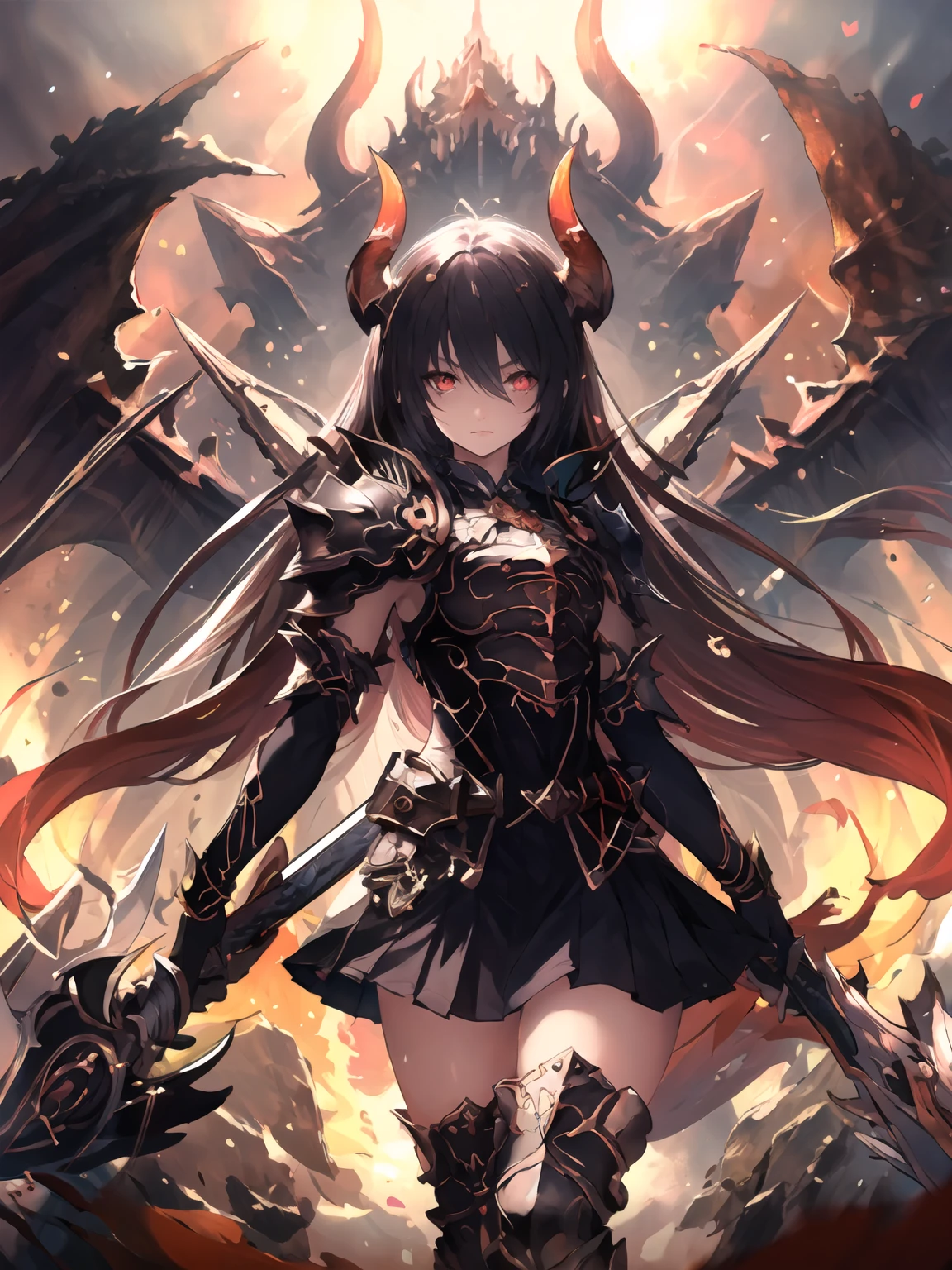 masterpiece,best quality,highres,cinematic lighting,dramatic angle,1girl,<lora:ForteV13-000030:0.8>,black hair,horns,red eyes,long hair,black armor,thighhighs,skirt,holding,weaponï¼polearm,looking at viewer,serious,dual wielding,skirt,cape,fire,symbol-shaped pupils,portrait,walking,depth of field,dragon,close-up
