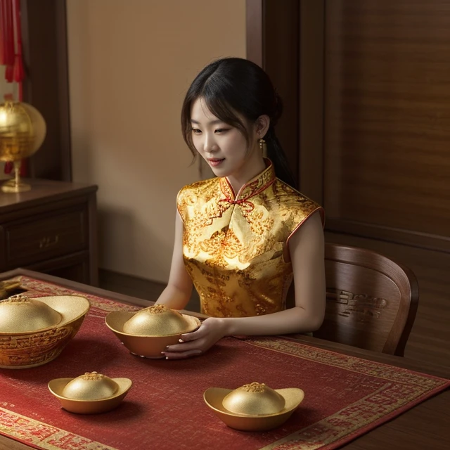 The living room is decorated with Chinese New Year decorations,  and there are several Jin yuanbao on the table. A girl is sitting at the table wearing a cheongsam., Jin yuanbao,<lora:EMS-273838-EMS:1.000000>