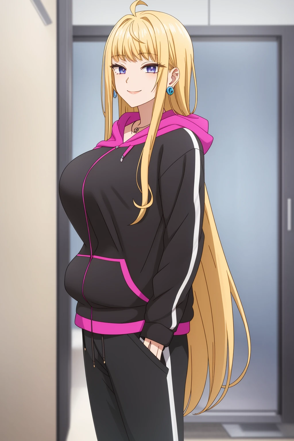 , 1 girl, ahoge, alone, Minami Fuyuki, blonde hair, long hair, purple eyes, looking at viewer, smile, (blush on nose: 1.2), sports top tight pink,cleavage,sweating,tight black sweatpants,outdoor,park,walking,sunset,good lighting,thick thighs,nsfw,(from below: 1.2),uncensored,(high resolution: 1.2),(ultra detailed : 1.2), [high dynamic range lighting], (masterpiece: 1.3), (best quality), high quality intricate details, (extremely detailed CG unity 8k wallpaper: 1.2), best shadow, (extremely fine touch detailed: 1.2), (high resolution), (4k), (pixiv), perfect face, pretty eyes and face, (super detailed), detailed face and eyes, textured skin, absurd, high resolution, deep skin, perfect anatomy, perfect hands, big breasts, medium waist, wide hips, medium thighs