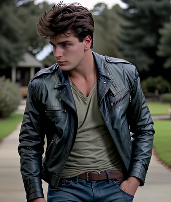 c3rl1s4, Ultra-HD-details, upper body, man, Leather jacket, jeans, (outdoor, nature)