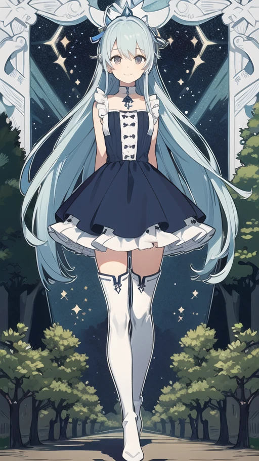 ((masterpiece,best quality)),(1girl, solo,very long hair,full body, night, starry sky, ), a girl in a frilled dress and thigh high boots walking down a road in the countryside with trees on both sides, blue hair, white eyes, ((arms behind back)),smile, <lora:animetarotV51:1>