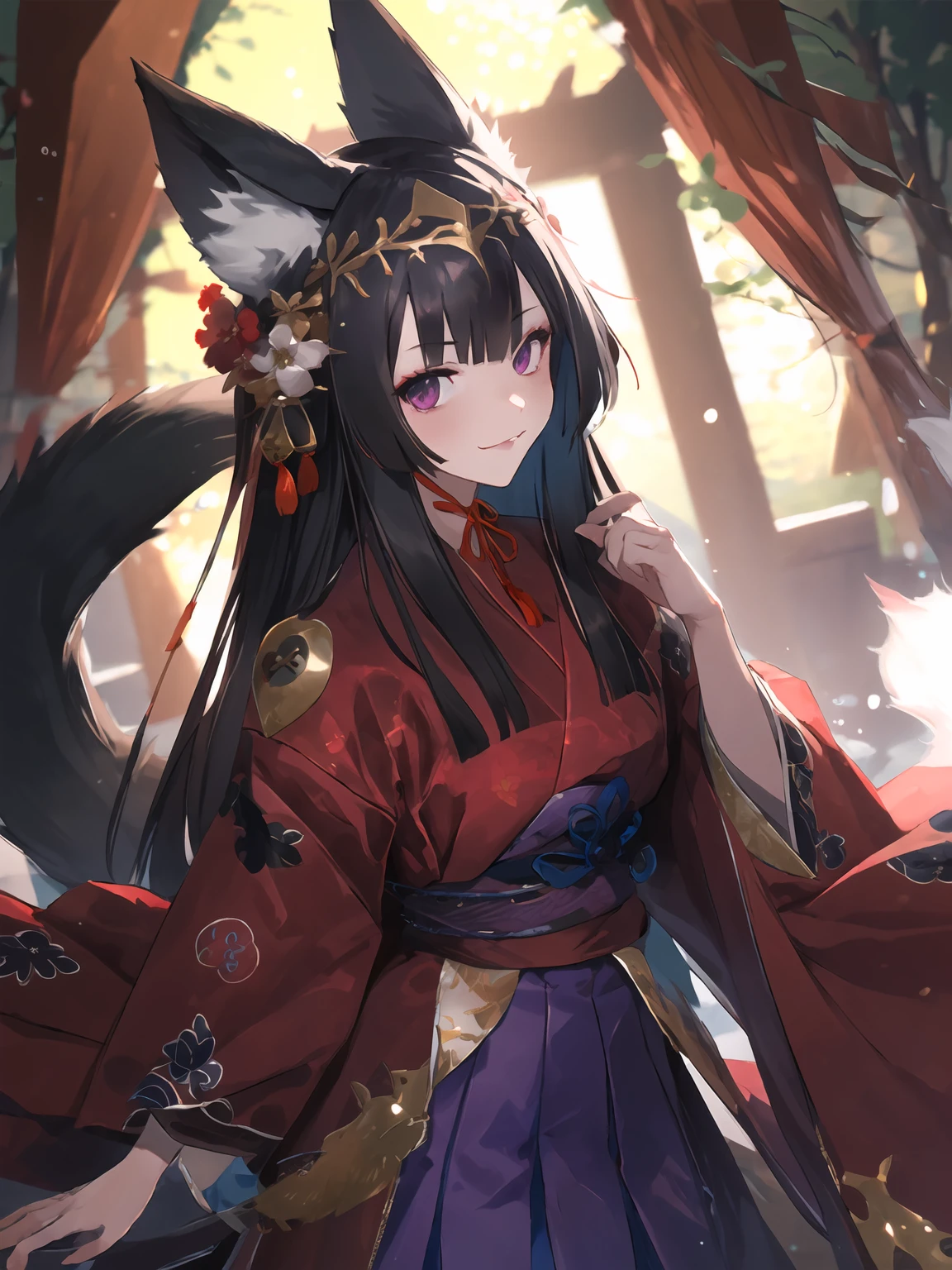 masterpiece,best quality,highres,cinematic lighting,dramatic angle,1girl,animal ears,hair ornament,<lora:ShadowverseGinsetsuV3-1-000012:0.8:lbw=1,0.8,0.1,1,1,0.2,0.2,1,1,1,1,1,1,1,1,1,1>,japanese clothes,purple skirt,red dress,clothing cutout,wide sleeeves,holding mask,mask,tails,looking at viewer,evil smile,glowing eyes,head tilt,:3,black hair