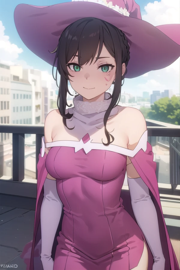 vlilaf, <lora:v lila f hnu-lora-nochekaiser:1>,
v lila f, brown hair, black hair, (green eyes:1.3), braid, sidelocks, hair bun, makeup, facial mark, single hair bun, hair between eyes, smile,
BREAK gloves, hat, dress, bare shoulders, elbow gloves, cape, witch hat, pink dress, witch,
BREAK outdoors, city, sun, clouds,
BREAK looking at viewer, (cowboy shot:1.5),
BREAK <lyco:GoodHands-beta2:1>, (masterpiece:1.2), best quality, high resolution, unity 8k wallpaper, (illustration:0.8), (beautiful detailed eyes:1.6), extremely detailed face, perfect lighting, extremely detailed CG, (perfect hands, perfect anatomy),