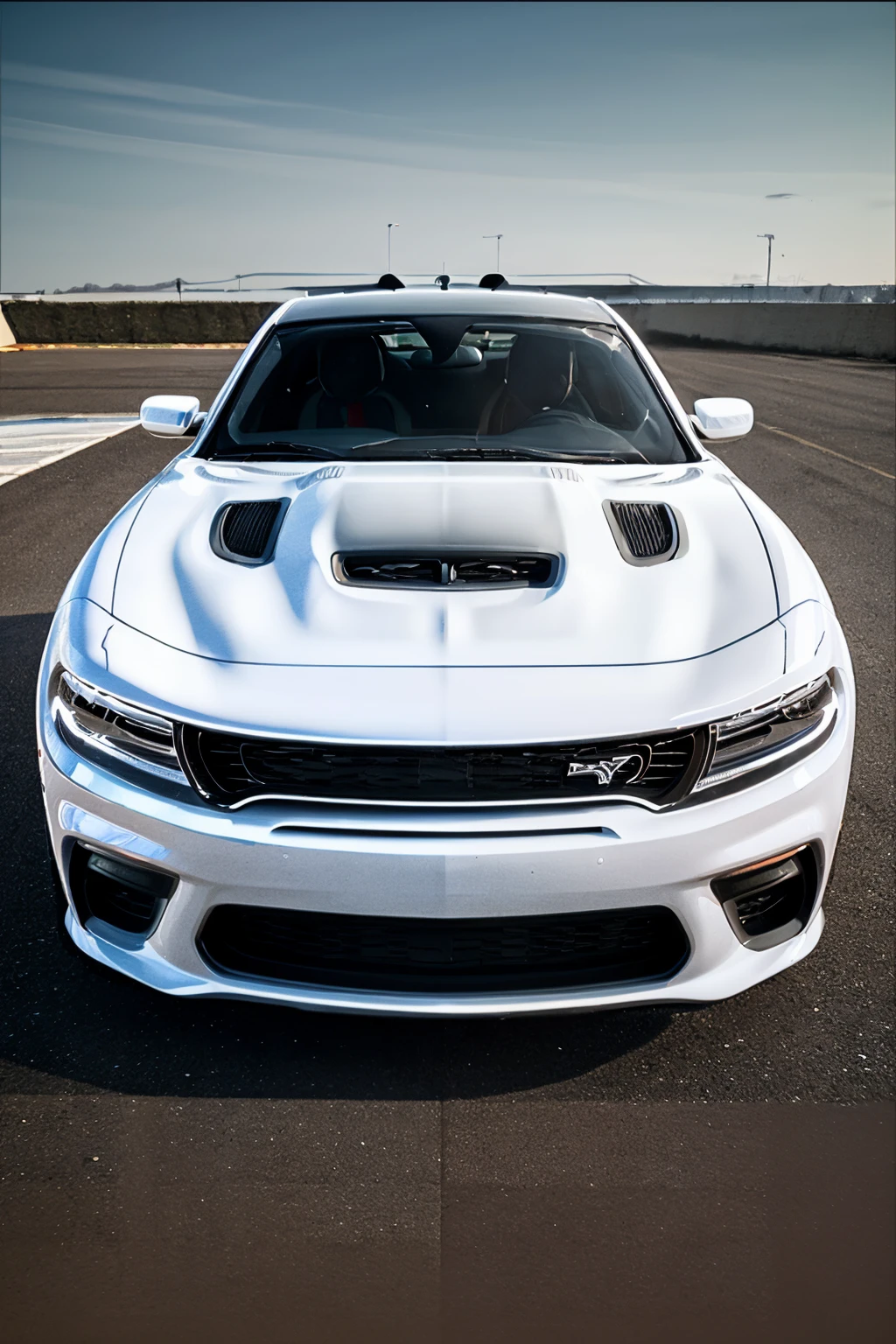 white chargerhellcatsrt, car, white paint, front view, low angle, low-angle view, close-up,
<lora:ChargerHellcatSRT:0.8>