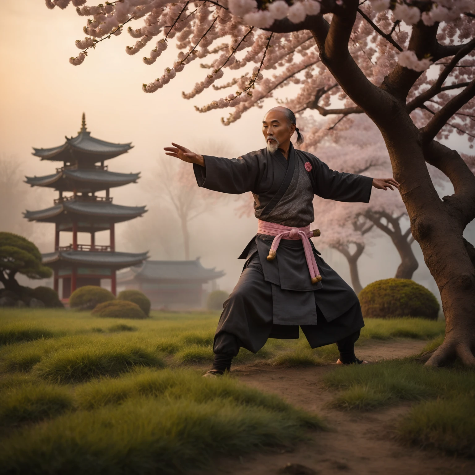 ancient kung-fu master, old, combat stance standing in high grass in front of cherry blossom tree, misty fog, sunset, intricate detail, cinematic