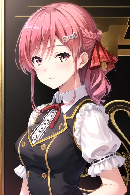 ((masterpiece)),(best quality),official art,extremely detailed CG,unity 8k wallpaper,ultra detailed,beautiful detailed eyes,extremely detailed face,1girl,solo,upper body,(portrait:1.5),looking at viewer,facing viewer,Nanasato Nene(unoneno),smile,long hair,red hair,shiny hair,braid,hair ornament,hair bow,hair between eyes,yellow ribbon,bangs,red eyes,school uniform,short sleeves,puffy sleeves,black vest,wing collar,collared shirt,neck ribbon,red ribbon,white shirt,large breasts,miniskirt,frilled skirt,black skirt,vertical-striped skirt,plaid skirt,white socks,loafers,<lora:Nanasato Nene(unoneno)>,