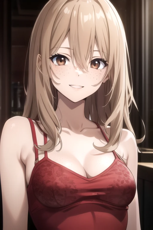 masterpiece, best quality, highres, aoki1, brown eyes, freckles, bra, thong, indoors, chair, sitting, evil smile, upper body