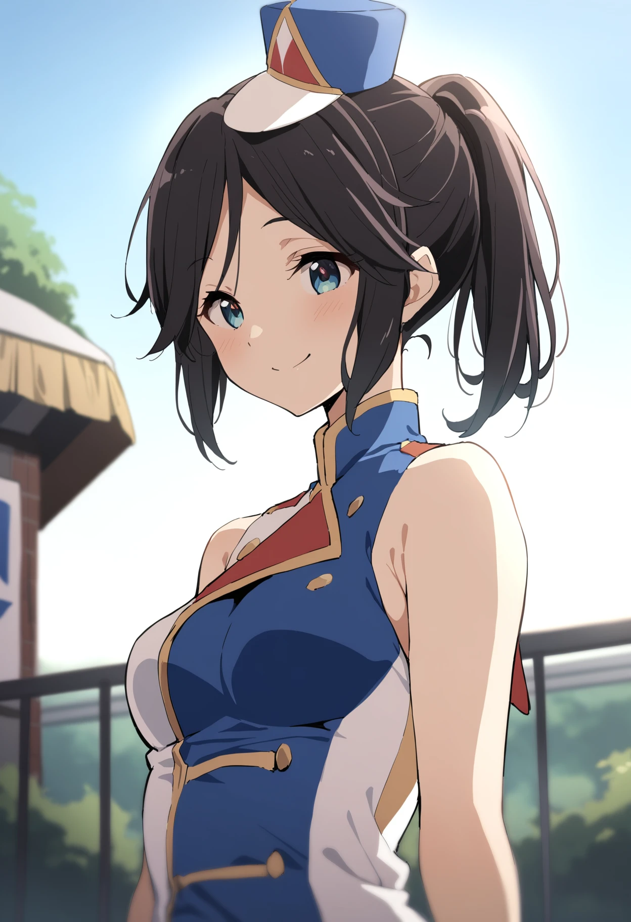 1girl,<lora:nozomi_xl_animagine_8dim:0.7>,kasaki nozomi,outdoors,smile,small breasts,medium breasts,<lora:sunfes_xl:1.2:lbw=0,0,0,0,0,0,0,0,0.0,0,0,0,0,0,1,1,1.,0,0,0,0,0,0,0,0,0>,sunfes,band uniform,mini shako cap,sleeveless,
rating: general,
masterpiece,best quality,