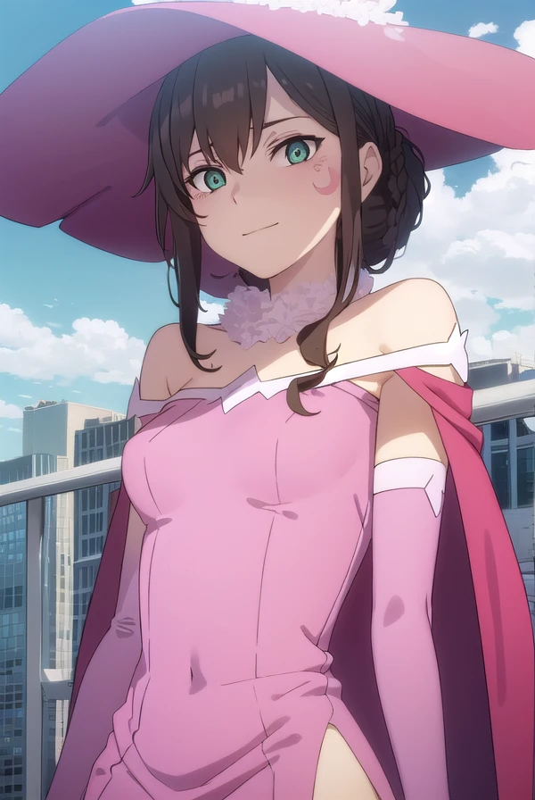 vlilaf, <lora:v lila f hnu-lora-nochekaiser:1>,
v lila f, brown hair, black hair, (green eyes:1.3), braid, sidelocks, hair bun, makeup, facial mark, single hair bun, hair between eyes, smile,
BREAK gloves, hat, dress, bare shoulders, elbow gloves, cape, witch hat, pink dress, witch,
BREAK outdoors, city, sun, clouds,
BREAK looking at viewer, (cowboy shot:1.5),
BREAK <lyco:GoodHands-beta2:1>, (masterpiece:1.2), best quality, high resolution, unity 8k wallpaper, (illustration:0.8), (beautiful detailed eyes:1.6), extremely detailed face, perfect lighting, extremely detailed CG, (perfect hands, perfect anatomy),