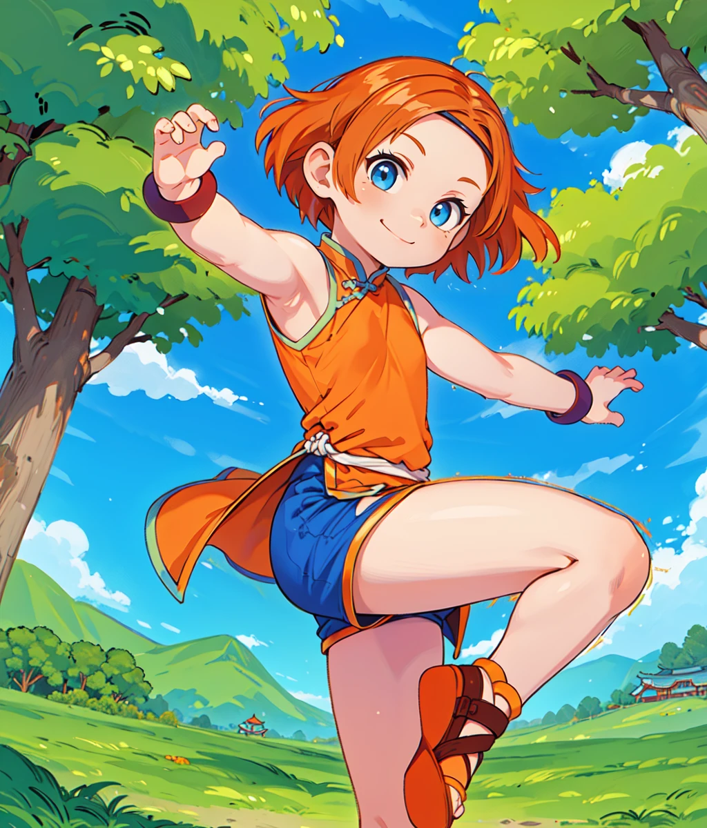 masterpiece, high res, detailed face, detailed eyes, 1 girl, solo, muscular, smile, short hair, orange hair, forehead, circlet, blue eyes eyes, ((chinese clothes, orange shirt)), bare shoulders, bare arms, wristbands, (blue shorts), full body,  flying kick towards the viewer. ((outdoors))  <lora:Emily2:1>