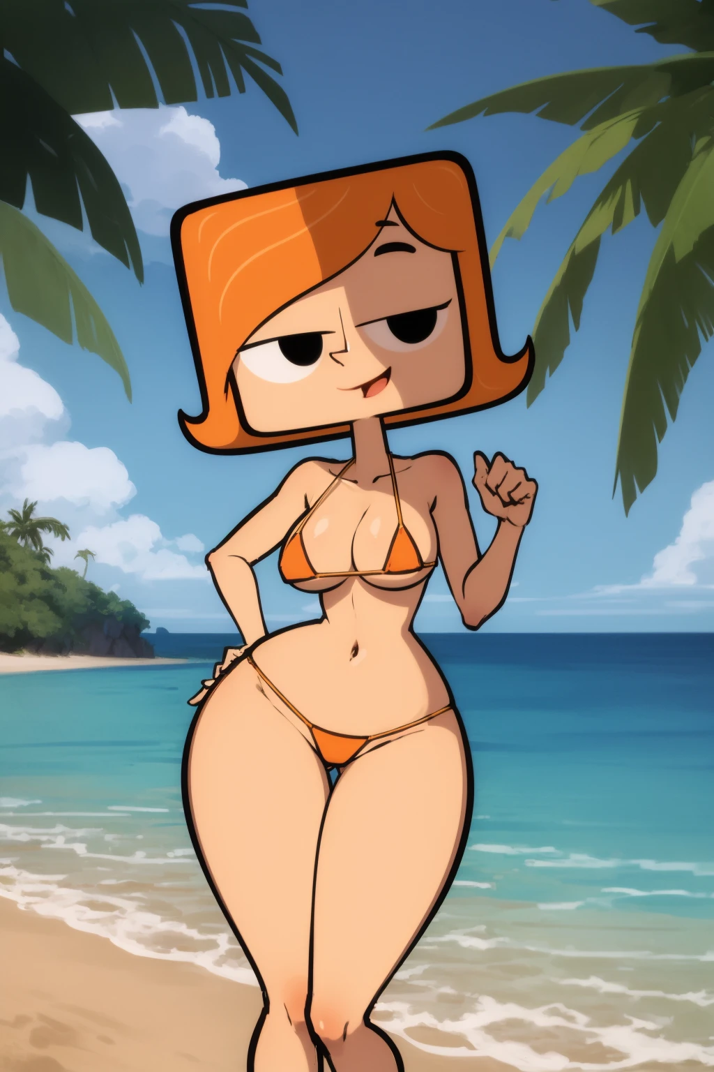 masterpiece, best quality, 1girl, debturnbull, orange hair, short hair, black eyes, bikini, wide hips, looking at viewer, solo, smile, sea, sand, tropical island background <lora:DebTurnbull:1>