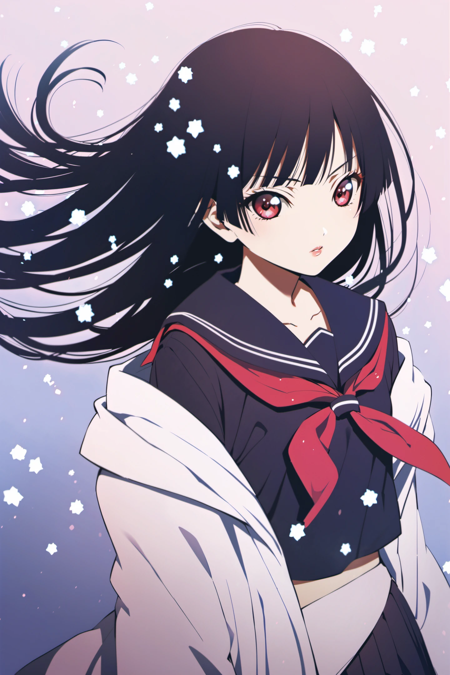 Enma Ai, 1girl, solo, school uniform, long hair, black hair, snow, serafuku, snowing, black serafuku, hime cut, <lora:JigokuShoujo_XL:0.8>