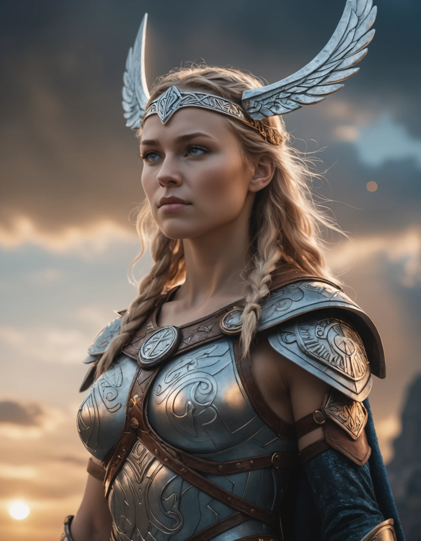 artwork closeup of a valkyrie standing in asgard, epic light ,and fantasy sky, nordic runes, high quality photography, 3 point lighting, flash with softbox, 4k, Canon EOS R3, hdr, smooth, sharp focus, high resolution, award winning photo, 80mm, f2.8, bokeh