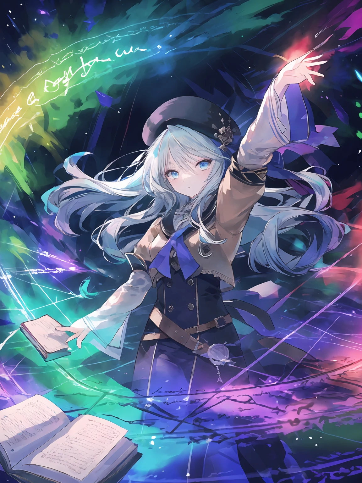 masterpiece,best quality,highres,cinematic lighting,dramatic angle,1girl,<lora:ShadowverseAmaryllisV1:0.8>,light blue hair,blue eyes, brown shirt,black and purple dress,white sleeves,ribbon,hat,looking at viewer,bow,belt,sailor collar,holding book,outstretched hand, spread fingers,casting spell,rainbow magic,aurora,sad,expressionless,shaded face,glowing eyes,magic circle,aura,runes