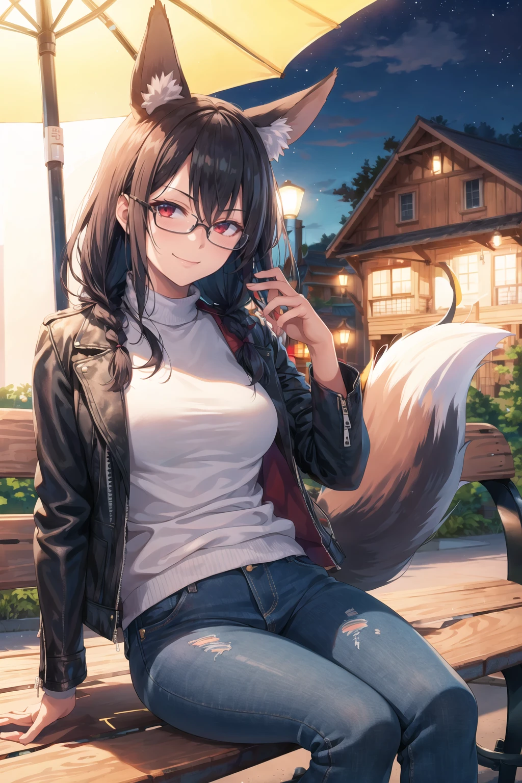 1girl, solo, sidelocks, twinbraids, (black hair), red eyes, smug, smirk, glasses, sitting, bench, partk, at night, long hair, white sweater, (leather jacket), (black jacket:1.2), fox girl, fox ears, fox tail, jeans, black tail, <lora:Tomose-Shunsaku-style_636960:1>
