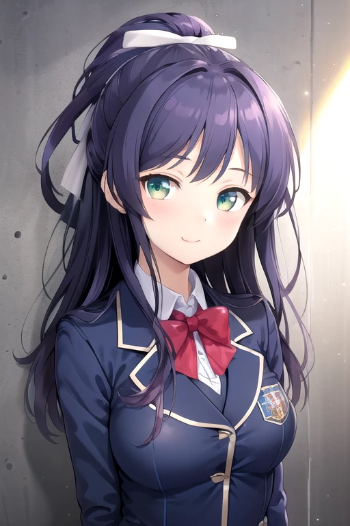 ((masterpiece)),(best quality),official art,extremely detailed CG,unity 8k wallpaper,ultra detailed,beautiful detailed eyes,extremely detailed face,1girl,solo,upper body,(portrait:1.5),looking at viewer,facing viewer,smile,Shijou Rika,blue hair,high ponytail,long hair,hair ribbon,white ribbon,bangs,green eyes,school uniform,blazer,blue jacket,taut jacket,long sleeves,wing collar,red bow,bowtie,black vest,collared shirt,large breasts,blue skirt,plaid skirt,pleated skirt,zettai ryouiki,black thighhighs,loafers,<lora:Shijou Rika(ksak)-remake>,