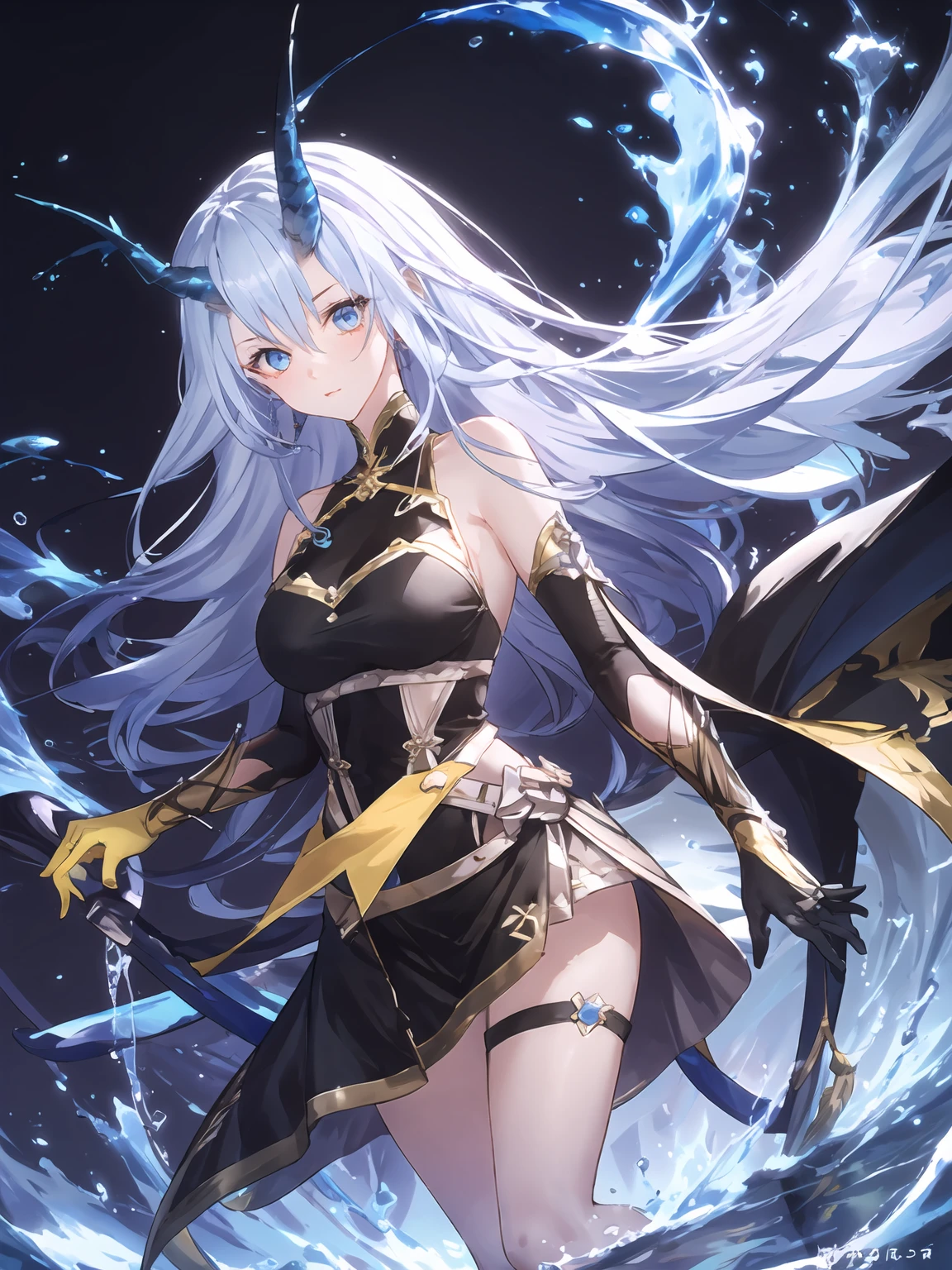 masterpiece,best quality,highres,cinematic lighting,dramatic angle,1girl,light blue hair,horns,broken horn,blue eyes,single wing,black dress,bare shoulders,gauntlets,yellow gloves,water,looking at viewer,scales,long hair,<lora:ShadowverseMizuchiDivivedV1-000012:0.8:lbw=forte>,tail,skirt,thigh strap,clothing cutout