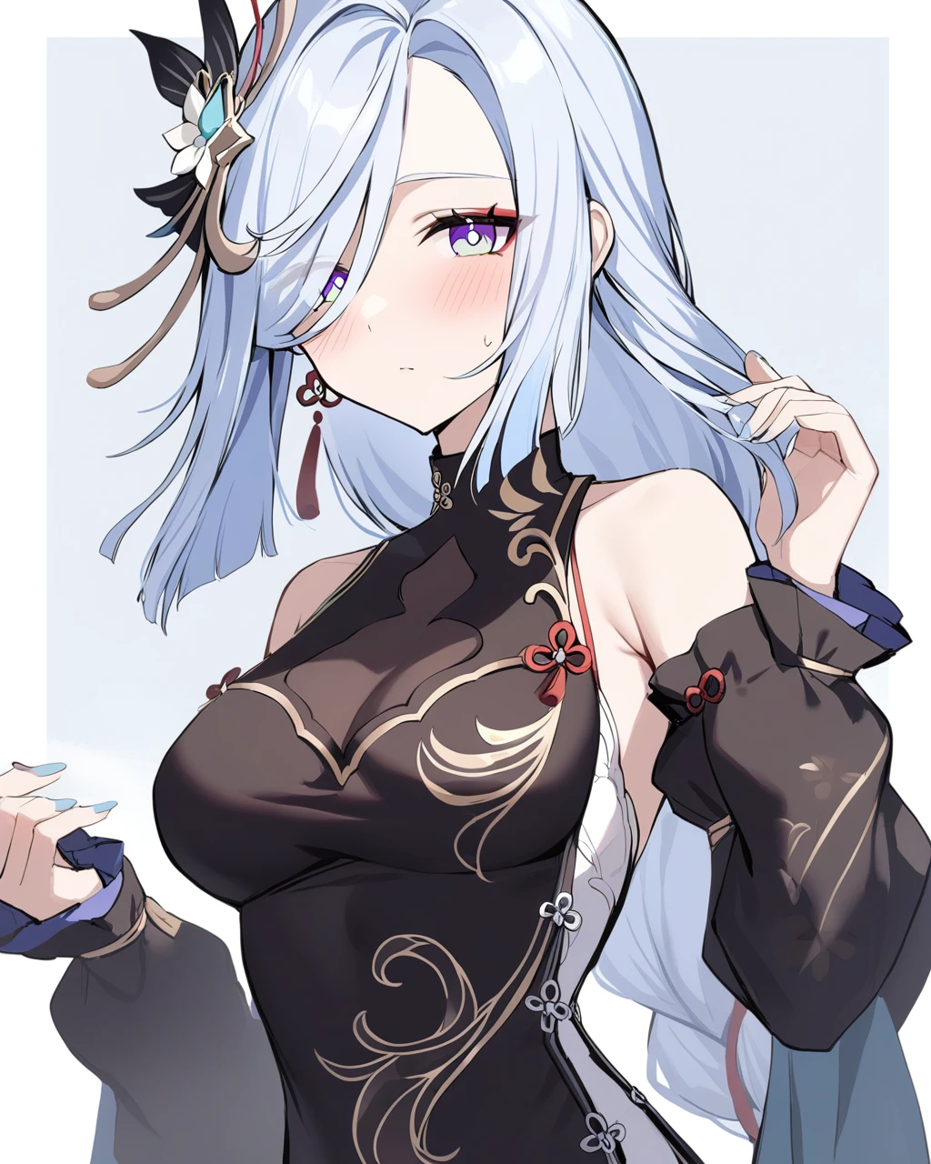 masterpiece,best quality,<lora:shenhe_new:1>,shenhe_\(genshin_impact\),breasts,solo,hair_over_one_eye,long_hair,jewelry,dress,earrings,chinese_clothes,purple_eyes,white_hair,bare_shoulders,hair_ornament,black_dress,tassel,