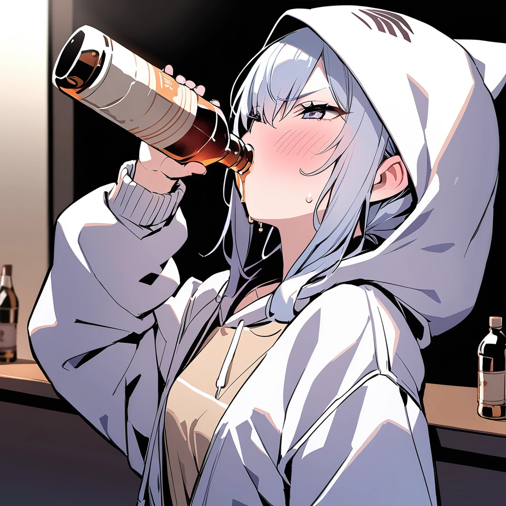 <lora:xl_katyusha_chug_(meme):1>,1girl,drinking,hood,solo,bottle,blush, masterpiece, best quality,