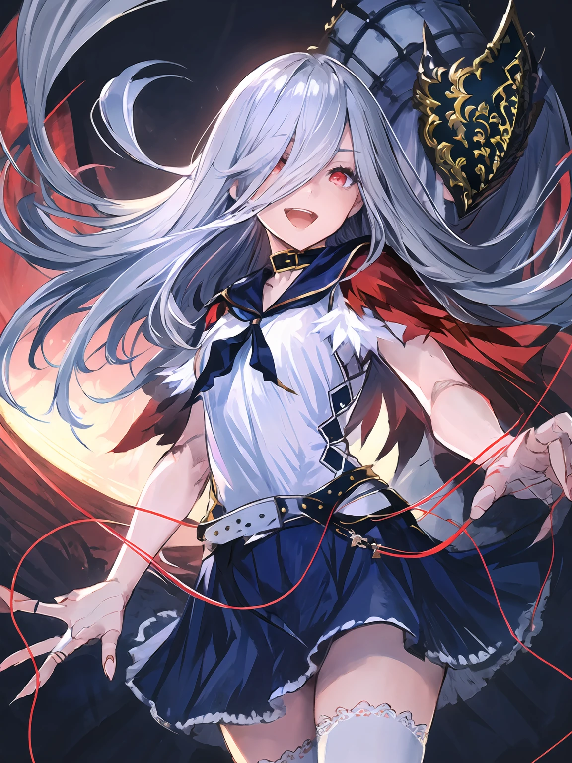 masterpiece,best quality,highres,cinematic lighting,dramatic angle,2girls,<lora:ZweiV3-000030:0.8>,1girl with silver long hair and red eyes and white dress and blue skirt and capelet and sailor collar and thighhighs along with her marionette called Victoria with red dress and mask and covered eyes and claws,1other,1 marionette,:d,empty eyes,shaded face,crazy, yandere,puppet strings,looking at viewer,black background,magic