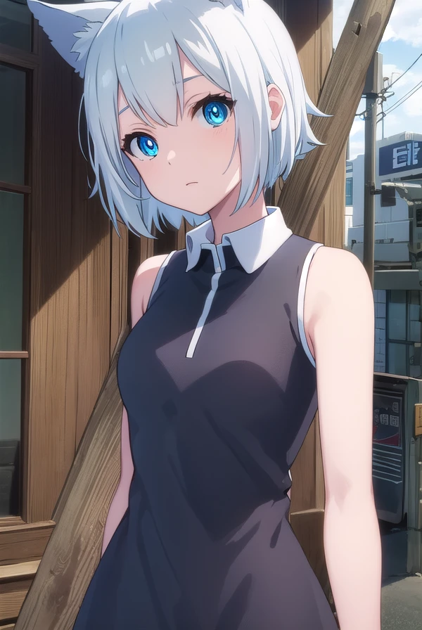 aonanami, <lora:ao nanami hnu-lora-nochekaiser:1>,
ao nanami, short hair, animal ears, cat ears, blue eyes,
BREAK dress, boots, sleeveless, knee boots, (black dress:1.2),
BREAK outdoors, city, sun, clouds,
BREAK looking at viewer, (cowboy shot:1.5),
BREAK <lyco:GoodHands-beta2:1>, (masterpiece:1.2), best quality, high resolution, unity 8k wallpaper, (illustration:0.8), (beautiful detailed eyes:1.6), extremely detailed face, perfect lighting, extremely detailed CG, (perfect hands, perfect anatomy),