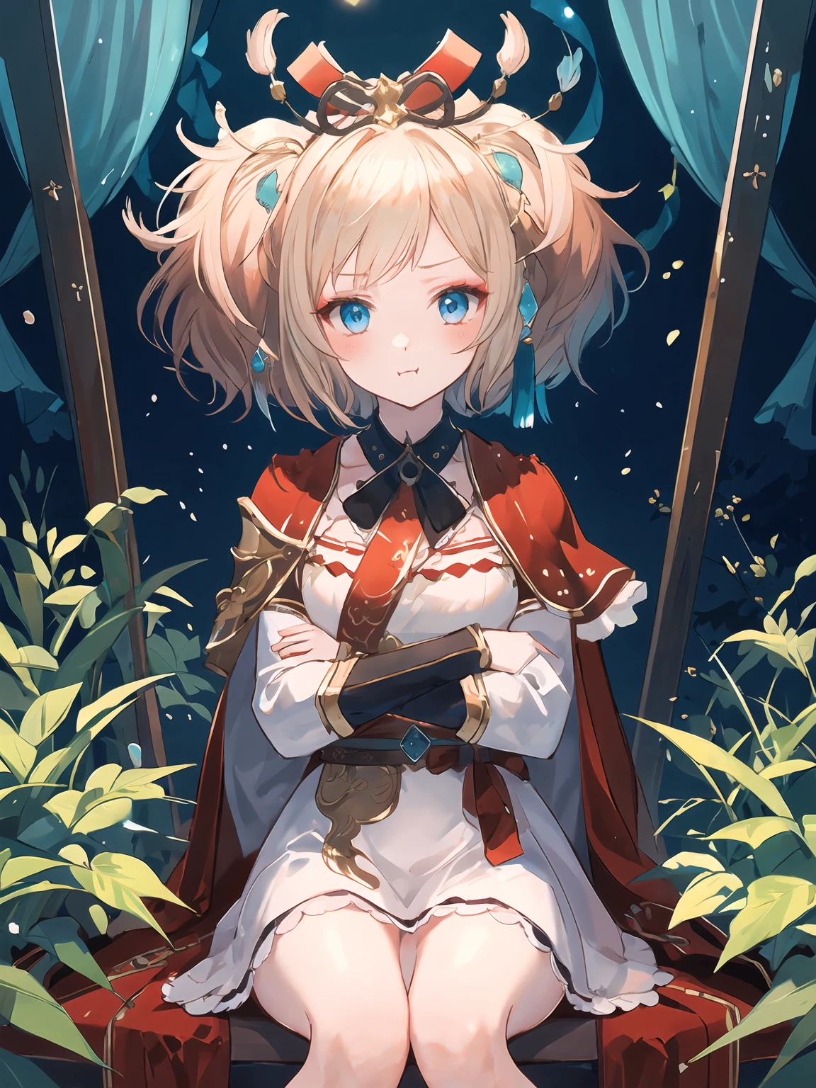masterpiece,best quality,highres,cinematic lighting,dramatic angle,<lora:ResplendentPhoenixV1:0.8:lbw=jiangshi3>,1girl,light blonde hair,blue eyes,twintails,short hair,capelet,hair ornament,bowtie,tassel,jewelry,ribbon,white and red dress,frills,sash,detached sleeves,arms crossed,crossed arms,sitting,legs crossed,pout,<lora:强å åå´Concept_Pout:0.7>,looking at viewer,blush,shy,happy