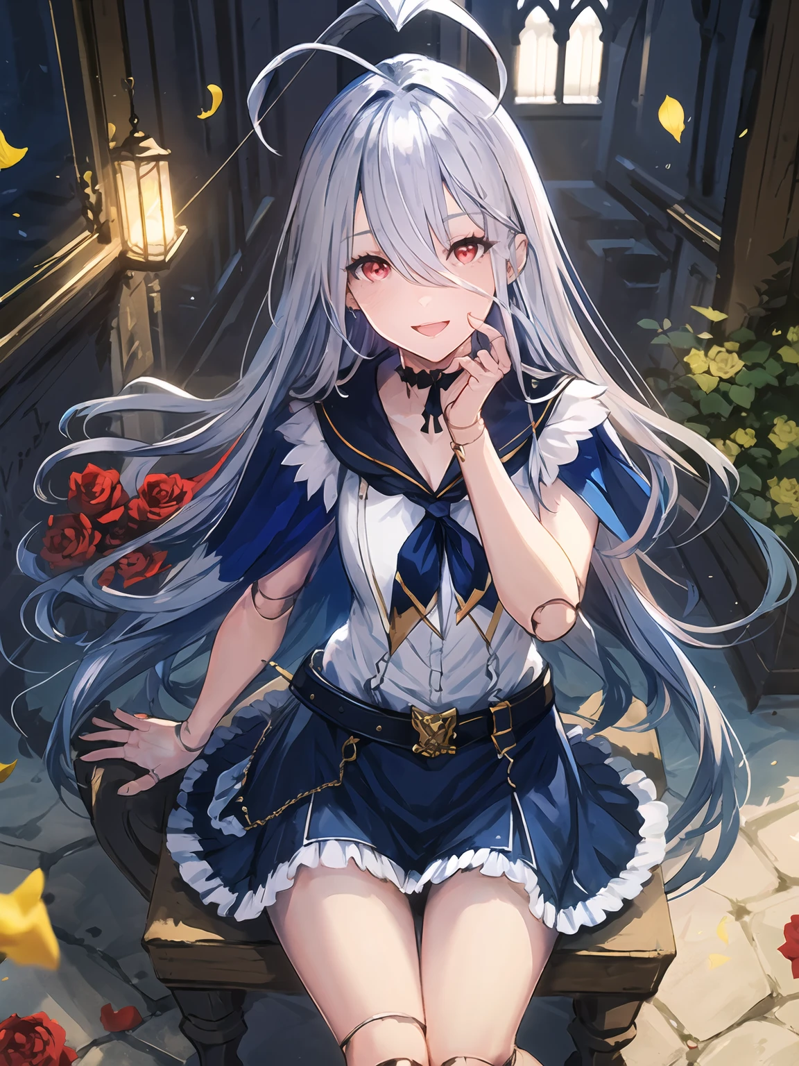masterpiece,best quality,highres,cinematic lighting,dramatic angle,<lora:ZweiV3-000030:0.8:lbw=jiangshi3>,1girl,silver hair,long hair,red eyes,ahoge,sailor collar,white
sleeveless shirt,frills,blue skirt,capelet,choker,rose,belt,ribbon,doll joints,happy,smile,holding frog stuffed toy,gothic architecture,depth of field,blue sky,petals,one hand over head,outdoors,sitting,from above