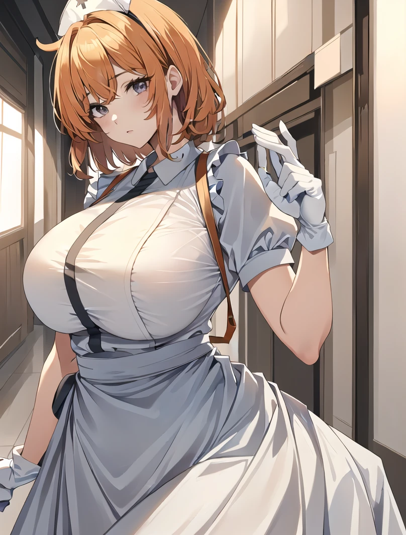 ((masterpiece, best quality, high quality)),1girl, (lower body, hospital), <lora:Long Nurse Apron 1:0.6> (nurse_uniform_long_3, gloves, apron, nurse cap, nurse,long dress), <lora:Isako Narita:0.7> (1girl, 3dcg 06, bangs, crossed bangs, eyebrow_through_hair, grey eyes, hairband, huge breasts, isako narita, mature_female, orange hair, short hair, sidelocks, solo),