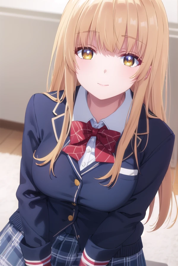 mahirushiina, <lora:mahiru shiina s1-lora-nochekaiser:1>,
mahiru shiina, long hair, bangs, blonde hair, brown hair, (yellow eyes:1.3), smile,
BREAK skirt, bow, school uniform, jacket, pleated skirt, plaid, plaid skirt, blazer, cardigan, blue blazer, (red bowtie:1.2),
BREAK indoors, classroom,
BREAK looking at viewer, (cowboy shot:1.5),
BREAK <lyco:GoodHands-beta2:1>, (masterpiece:1.2), best quality, high resolution, unity 8k wallpaper, (illustration:0.8), (beautiful detailed eyes:1.6), extremely detailed face, perfect lighting, extremely detailed CG, (perfect hands, perfect anatomy),