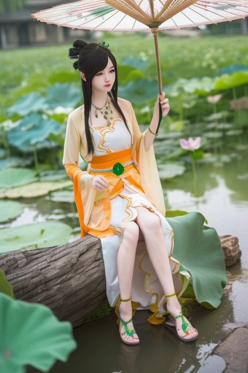 ltra-detailed,highly detailed,best quality,masterpiece,illustration,realistic,photorealistic,
tangyurou, 1girl, solo, 
china dress, chinese clothes, hanfu, long sleeves, sandals, shawl, jewelry, necklace, 
long hair, hair ornament, hair bun, bangs, 
sitting, full body,
flower, outdoors, lotus, garden, water, 
 <lora:tangyurou_v1_05:1.0>