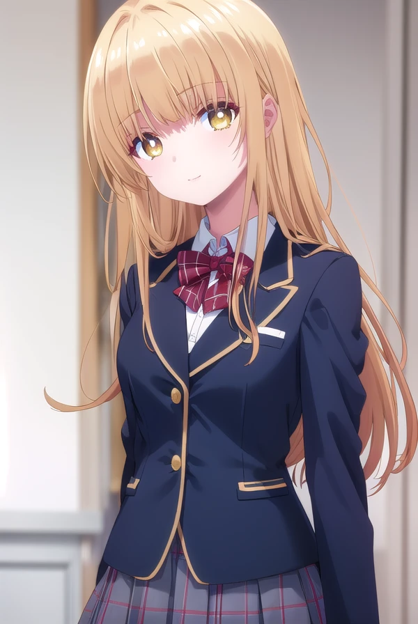 mahirushiina, <lora:mahiru shiina s1-lora-nochekaiser:1>,
mahiru shiina, long hair, bangs, blonde hair, brown hair, (yellow eyes:1.3), smile,
BREAK skirt, bow, school uniform, jacket, pleated skirt, plaid, plaid skirt, blazer, cardigan, blue blazer, (red bowtie:1.2),
BREAK indoors, classroom,
BREAK looking at viewer, (cowboy shot:1.5),
BREAK <lyco:GoodHands-beta2:1>, (masterpiece:1.2), best quality, high resolution, unity 8k wallpaper, (illustration:0.8), (beautiful detailed eyes:1.6), extremely detailed face, perfect lighting, extremely detailed CG, (perfect hands, perfect anatomy),