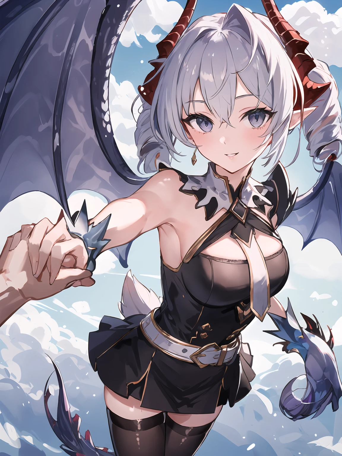 1girl, solo, masterpiece, <lora:add_detail:0.7>, scenery, outdoors, mountains, standing, orange eyes, slit pupils, white hair, long hair, topless, large breasts, nipples, dragon girl, scales, dragon horns, dragon wings, dragon tail, <lora:tekakutli-dragon-v4:1>, dragon