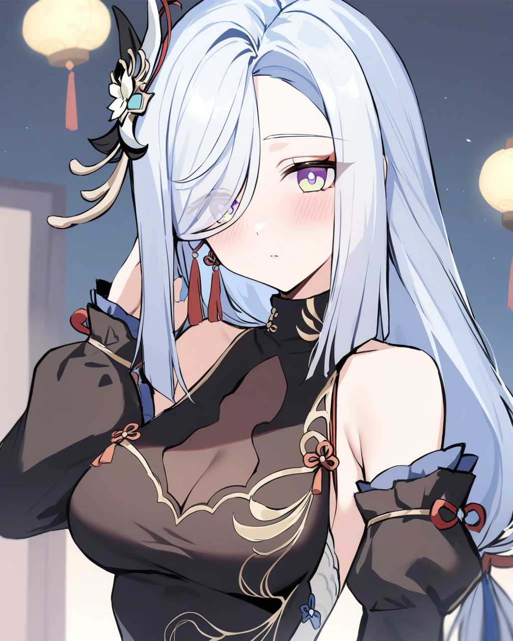 masterpiece,best quality,<lora:shenhe_new:1>,girl,shenhe_\(genshin_impact\),long_hair,hair_ornament,solo,breasts,looking_at_viewer,detached_sleeves,blush,tassel,dress,hair_over_one_eye,blue_nails,chinese_clothes,bangs,black_dress,border,upper_body,blue_eyes,eyes_visible_through_hair,bare_shoulders,nail_polish,closed_mouth,medium_breasts,flower,china_dress,white_hair,alternate_costume,