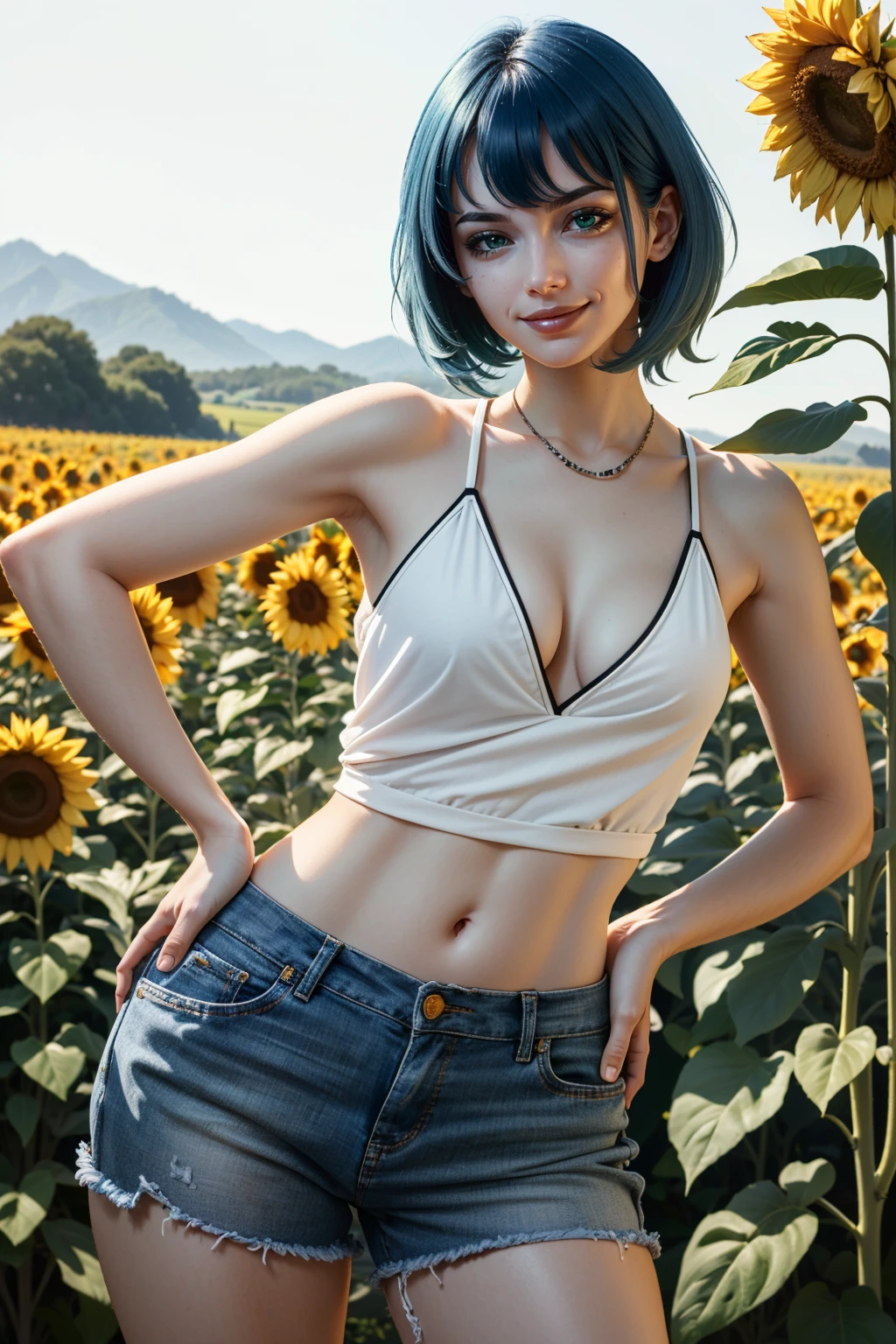 ((ultra detailed, masterpiece, absurdres))
 <lora:CyberEvelyn:0.9>
CyberEvelyn, 1girl, blue hair, green eyes, surrounded by sunflowers in a bright field, smiling, with hands on hips