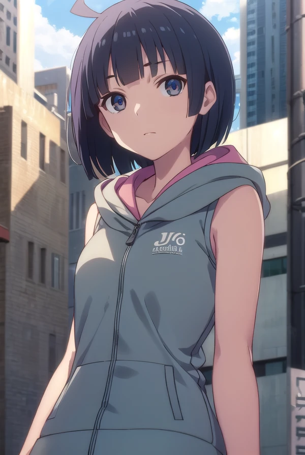 toukakishi, <lora:touka kishi hnu-lora-nochekaiser:1>,
touka kishi, short hair, black hair, bob cut, bangs, blunt bangs, (black eyes:1.3), ahoge,
BREAK skirt, hood, hoodie, sleeveless, hood down, sleeveless hoodie,
BREAK outdoors, city, sun, clouds,
BREAK looking at viewer, (cowboy shot:1.5),
BREAK <lyco:GoodHands-beta2:1>, (masterpiece:1.2), best quality, high resolution, unity 8k wallpaper, (illustration:0.8), (beautiful detailed eyes:1.6), extremely detailed face, perfect lighting, extremely detailed CG, (perfect hands, perfect anatomy),