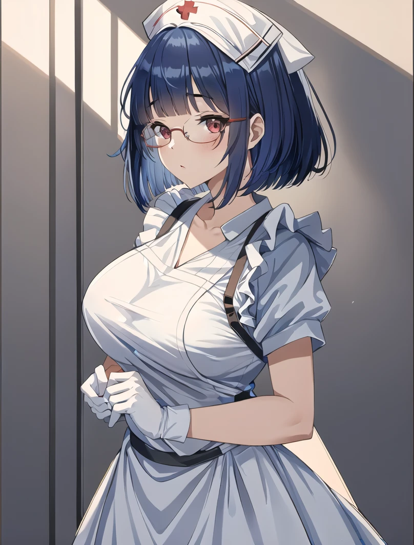 ((masterpiece, best quality, high quality)),1girl, (lower body, hospital), <lora:Latex_nurse_3dg:0.6> (latex_nurse_v2, nurse, nurse cap, apron, gloves,shiny clothes), <lora:Sachie Uchiyama:0.7> (Sachie Uchiyama, 3dcg 11, 1girl, short hair, large breasts, hair between eyes, glasses, single braid, aqua_eyes, aqua_hair, pale_skin, pale-skinned female, bob cut, big hair),