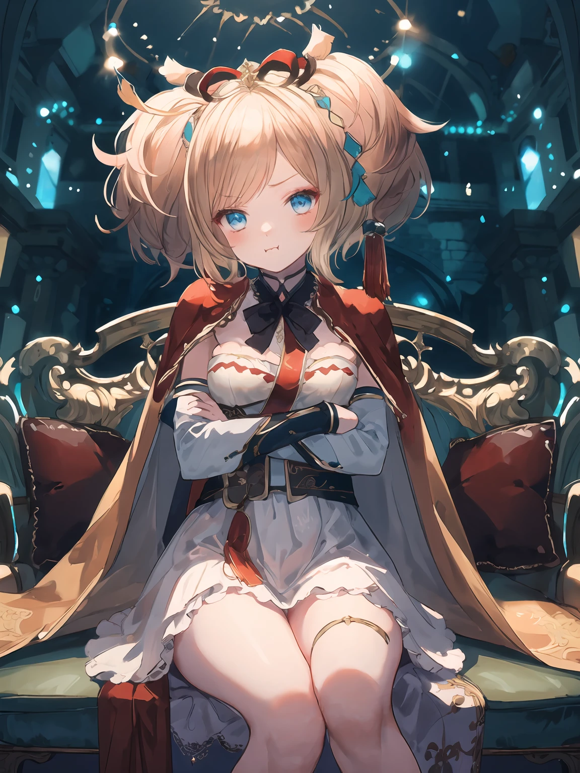 masterpiece,best quality,highres,cinematic lighting,dramatic angle,<lora:ResplendentPhoenixV1:0.8:lbw=jiangshi3>,1girl,light blonde hair,blue eyes,twintails,short hair,capelet,hair ornament,bowtie,tassel,jewelry,ribbon,white and red dress,frills,sash,detached sleeves,arms crossed,crossed arms,sitting,legs crossed,pout,<lora:强å åå´Concept_Pout:0.7>,looking at viewer,blush,shy,happy