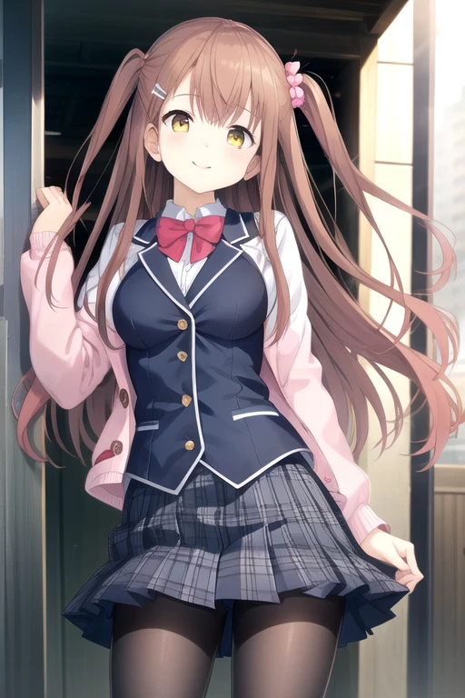((masterpiece)),(best quality),official art,extremely detailed CG,unity 8k wallpaper,ultra detailed,beautiful detailed eyes,extremely detailed face,1girl,solo,cowboy shot,looking at viewer,facing viewer,smile,Himeno Sena,long hair,brown hair,one side up,hair scrunchie,hairclip,hair ornament,sidelocks,floating hair,bangs,yellow eyes,school uniform,pink cardigan,long sleeves,black vest,bowtie,red bow,collared shirt,white shirt,blue skirt,miniskirt,plaid skirt,pleated skirt,black pantyhose,loafers,<lora:Himeno Sena(ksak)-remake>,